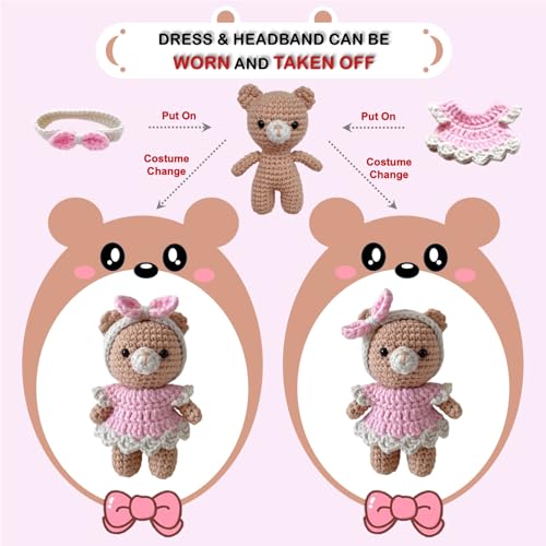LoopMap Amigurumi Crochet Kit for Beginners with Removable Dress & Video Tutorials, DIY Bear Making Kit Includes Premium Yarn & Tools, Creative Gift for Adults Teens (Pink) - color: pink, style: Bear K01