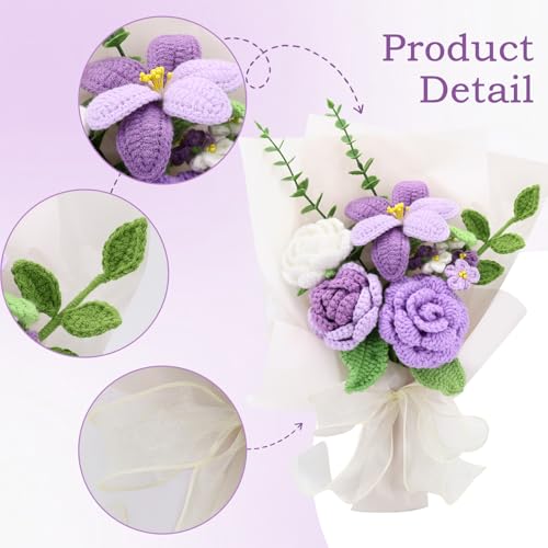 Marvogo Handmade Crochet Flower Bouquet,Crochet Flowers for Loved Ones | Crochet Flower,Crochet Rose, Bell Orchid, Tulip, Finished Artificial Flower Ideal for Lovers, Family and Friends purple - color: Purple