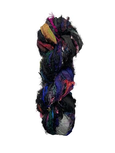 Maker's Craft Recycled Fuzzy Fringes Sari Silk Ribbon Yarn 35yards, 100Grams for DIY Knitting Crocheting Gift Wrapping, Christmas Decoration, Macrame Makers, Jewelry Making, Rugs Hooking (Black) - color: Black