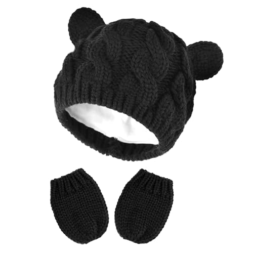 Baby Winter Hat Mittens Set Knitted Beanie Gloves for Baby Girls Boys Newborn Infant Toddler Autumn Winter - color: Black