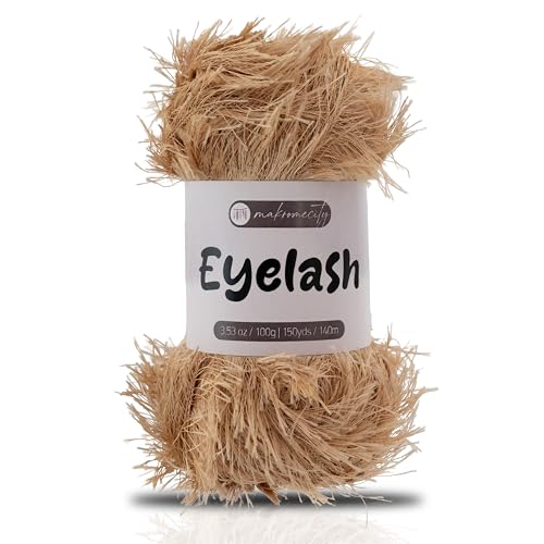 Makromecity Eyelash Yarn – Fuzzy Fun Fur Yarn, 3.53 Oz (100g) 150 yd (140m), Weight 3 Light, Premium Polyester Novelty Feather Yarn for Scarves, Amigurumi, Plush Toys & Craft (Camel, 1 Skein) - color: Camel, size: 1 Skein