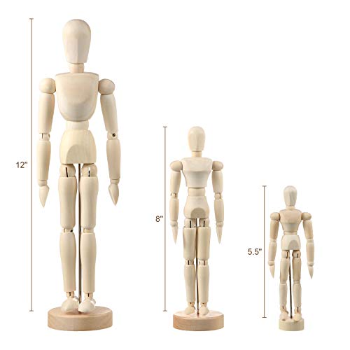 Sumind 3 Pack Artist Wooden Mannequin, 12"/8"/5.5" Drawing Figure Model | Flexible Jointed Manikin with Base Stand, Moveable Human Figure Model for Sketching Painting, Art Supplies Home Office Decor