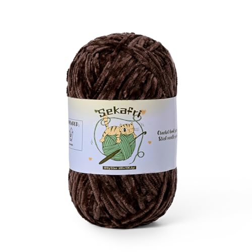 Fuzzy Chenille Yarn for Crocheting, Fluffy Amigurumi Crochet Yarn for DIY Craft/Hat/Shoes, (100g/197yds) Soft Velvet Baby Blanket Yarns（Coffee） - color: Coffee