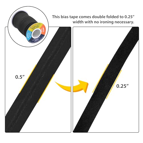 Mandala Crafts 55 Yds 1/4 Inch Black Double Fold Bias Tape for Sewing | Machine Washable Binding Tape for Quilting, Hemming, Seams, Fabric Piping, All Fabrics & Denim, Indoor & Outdoor - color: Black, size: 1/4 Inch 55 Yards