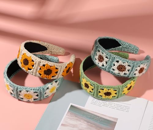 Crochet Headband for Women, Handmade Sunflower & Checkered Hair Accessories, Stretchable Boho Hair Band (Pink, Checkered) - color: Pink