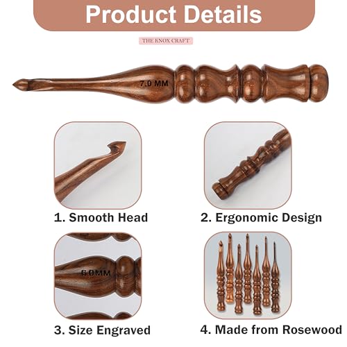 THE KNOX CRAFT Crochet Hook Set – Wooden Ergonomic Hooks for Crocheting Yarn (4mm to 10mm), Soft Grip Crochet Needles, Knitting & Crochet Gift for Beginners (Set of 7) - size: (4mm to 10mm)