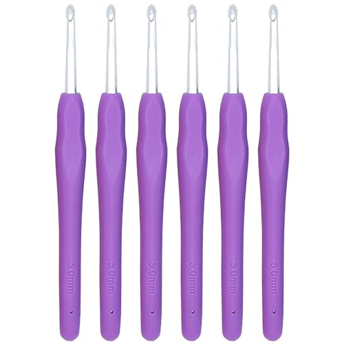 6Pcs 5mm Aluminum Soft Grip Rubber Ergonomic Handle Crochet Hook Knitting Needles US Size H (Size 8) for DIY Yarn Craft,Nice Gift for Women Adults Kids Children Beginners (Purple) - size: 5mm