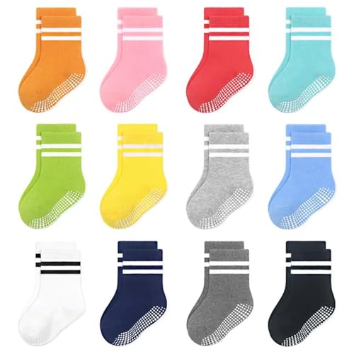 COUVER Baby Non Slip Grip Ankle Socks with Non Skid Soles for Infants Toddlers Kids Boys Girls - color: Girls Stripes, size: 0-12 Months