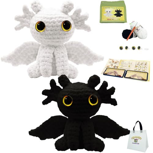 LuNuaFvy Crochet Kit for Beginners, Adults & Kids, Complete Animal Starter Kit to Make 2 Amigurumi Dragons,DIY Gift with Easy-to-Follow Book & Video Tutorial, Soft Yarn, 2 Bags - color: Sitting Dragon-Black&white