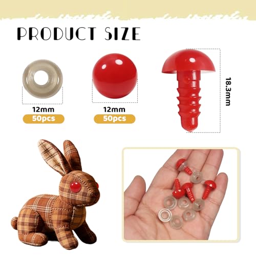 TOAOB 50pcs 12mm Small Safety Eyes for Amigurumis Plastic Crochet Red Eye | Crafts Doll Safety Eyes with Washers, for DIY Crocheting Small Animals Doll, Making Supplies - size: 12mm