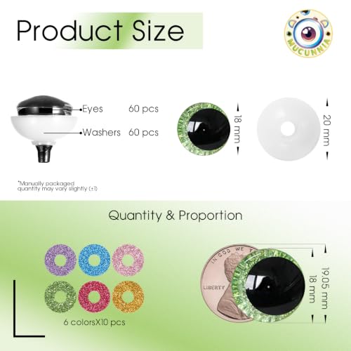 MUCUNNIA 120pcs 18mm 3D Glitter Safety Eyes for Crocheting with Bowl Washers Moon Crochet Amigurumi Eyes for Crochet Animals Craft Doll Eyes Stuffed Crochet Eyes for Crafts Gift for Crochet Lovers - size: 18mm