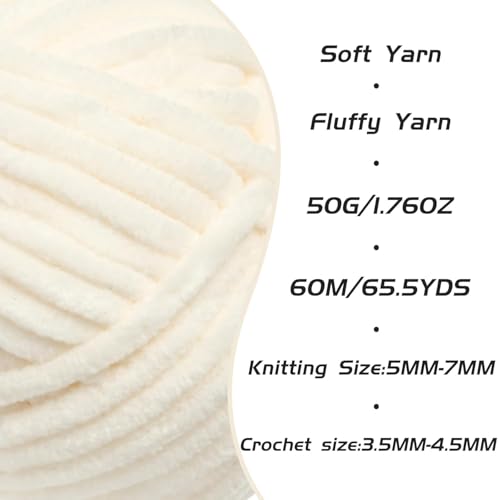 2 Pack Milky White Fluffy Velvet Yarn for Crocheting, Chunky Chenille Baby Blanket Yarn for Crochet, Soft Fuzzy Puzzle Yarn for Knitting, (50g/1.77oz Each) Bulky Thick Amigurumi Crochet Yarns - color: 2 Milky White
