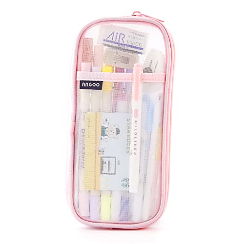 EASTHILL Grid Mesh Pen Pencil Case with Zipper Clear Makeup Color Pouch Cosmetics Bag Multi-Purpose Travel School Teen Girls and Boys Transparent Stationary Bag Office Organizer Box for Adluts(Pink) - color: Pink