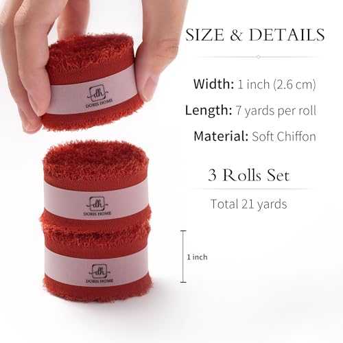 DORIS HOME Handmade Frayed Fringe Chiffon Ribbon 1" x 21Yd Terracotta | Fabric Ribbon, For Flower Bouquet/Gift Wrapping/Wedding Invitations/Halloween Decorations/Fall Decor - color: Terracotta