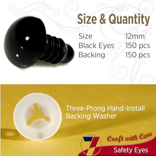 SEVENSUN 12mm Safety Eyes for Crocheting, 300pcs Black Crochet Eyes for Crochet Animals, amigurumi Eyes for Crafts, Craft Doll Eyes for amigurumi Stuffed Animals Eyes - size: 12mm