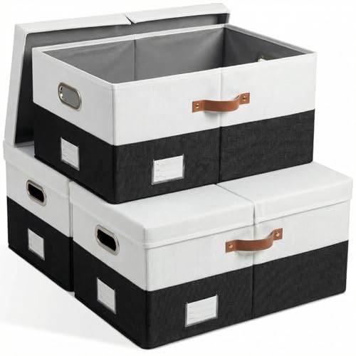PRANDOM Storage Bins with Lids [3-Pack] Linen Fabric Foldable Storage Boxes Organizer Containers Baskets Cube with Cover for Bedroom Closet Office Grey&Black (23.4X15.9X11.4) - color: Black & White, size: XL(3-Pack)
