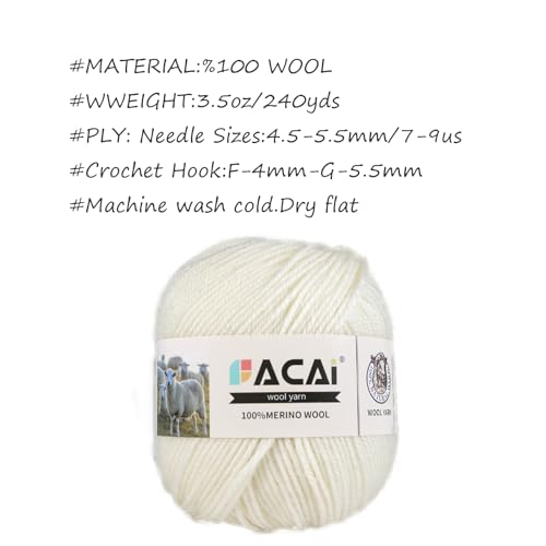 Facai Merino Wool Yarn Sock Yarn - 100% Pure Merino Wool Roving for Knitting, 1-Ball Set, 3.5oz (240 Yards), Worsted Weight (1, White) - color: White