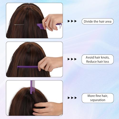 Uiifan 90 Pcs Hair Rat Tail Combs Metal Long Steel Pin Parting Comb Carbon Fiber Teasing Detangling Fine Tooth Comb for Braids Women Men Salon Hair Stylist, Black, Purple and Pink