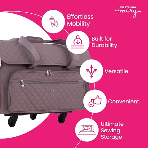 Everything Mary XXL Rolling Sewing Machine Case – Purple Quilted Craft Bag with 4 Wheels – Spacious Storage Organizer with Pockets for Sewing & Craft Supplies - color: Purple