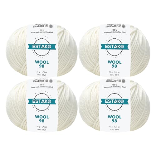 Estako Wool 98 100% Superwash Merino Wool Worsted Yarn, Off White 4-Pack | 7.04 oz, 392 yds, cyc 4 medium, aran, machine washable, 5 mm needles, 6 mm hook, 20 sts gauge, crocheting, sweaters - color: 6147 - Off White, size: 4 Skeins