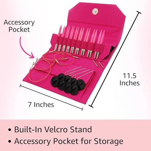 Lykke Blush 3.5-inch Interchangeable Circular Knitting Needle Set | Standard US 3, 4, 5, 6, 7, 8, 9, 10, 10.5 Fuchsia Case, Birch Semi-Sharp Tips, Smooth Metal Joins, 360-Cables, Project Bag - color: Blush-with-Fuchsia-Case