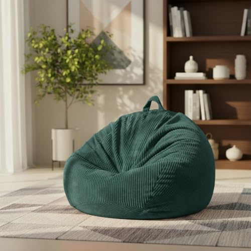 ZhenLives Stuffed Animal Storage Bean Bag Chair Cover, Cover Only (No Filler), Corduroy Toy Organizer Floor Cushion Seat, 48 in/120 cm Slipcover for Teens & Adults,Green - color: Dollar Green, size: Adult (Cover Only）