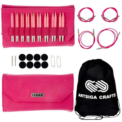 Lykke Blush 3.5-inch Interchangeable Circular Knitting Needle Set | Standard US 3, 4, 5, 6, 7, 8, 9, 10, 10.5 Fuchsia Case, Birch Semi-Sharp Tips, Smooth Metal Joins, 360-Cables, Project Bag - color: Blush-with-Fuchsia-Case