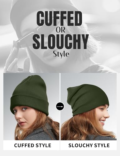 Fleece Lined Wool Beanie Hat Men Women, Warm Cuffed Winter Cap | 50% Wool Thermal Knit, Soft Velvet Fleece Liner, Long Style Full Ear Cover Warm Watch Cap, Tall Roomy Crown Skull Cap - color: Army Green