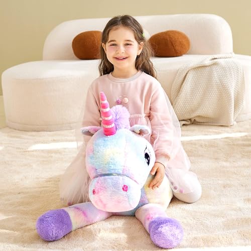 IKASA 43" Giant Unicorn Stuffed Animal, Super Soft, Zipper-Free Plush | Extra Plump Full Body Filling, Child-Safe One-Piece Design, Cute Hugging Pillow Gift for Kids, Girls & Adults - color: Multicolored