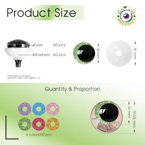 MUCUNNIA 120pcs 14mm 3D Glitter Safety Eyes for Crocheting with Washers Moon Crochet Amigurumi Eyes for Crochet Animals Craft Eyes Doll Eyes Stuffed Crochet Eyes for Crafts Gift for Crochet Lovers - size: 14mm