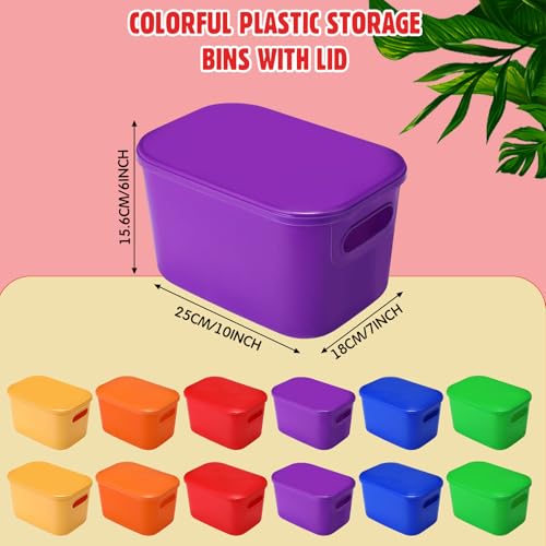 Thyle 12 Pack Plastic Storage Bins with Lids 7 Quart | Stackable Organizer Boxes with Handles and Labels, Colorful Toy Storage for Classroom Shelf Bedroom Desktop, School Supplies - color: Brightly Colored