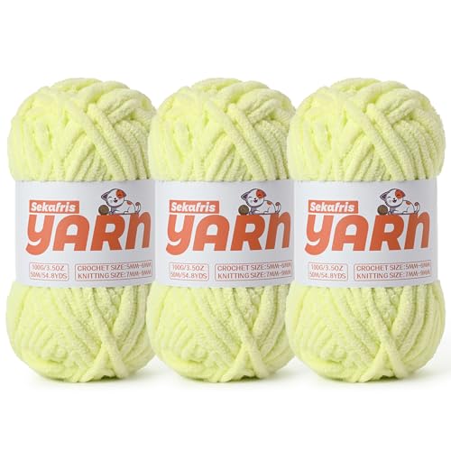 Soft Chunky Chenille Yarn for Crocheting-(300g/10.58oz) Bulky Knitting Crochet Yarn for Blankets-(150m/164yds) Fluffy Velvet Baby Yarn for Amigurumi&Crafts.(3 Lemon Yellow) - color: 3 Lemon Yellow