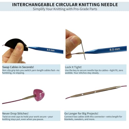 CKZLY 4.53" Square Interchangeable Circular Knitting Needles Set, US 4-11 | 9 pairs aluminum needles, anti-slip, 4.53 inch (3.5-8.0mm), with Cables, crochet hooks & case. Ergonomic design for beginners