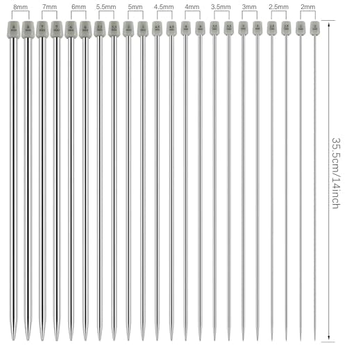 Hysagtek 22 Pcs Knitting Needles Set, 14 Inches Stainless Steel Straight Single Pointed Knitting Needle Kit Metal Knitting Kit in Different Sizes 2.0mm to 8.0mm, with Gift Organizer Bag, 11 Pairs