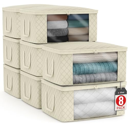 Sorbus Medium Clothes Storage Bags - Foldable Blanket Storage Bins for Organizing Bedroom, Closet, Clothing, Comforter, Organization with Clear Window, Lids and Carry Handles - Set of 8 - color: Beige, size: 8 Pack Large