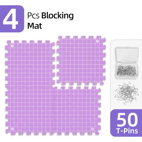Blocking Mats for Knitting & Crochet Projects, for Knitting & Crochet Projects, Foam Board Design, Includes 50 T-Pins for Yarn Craft Blocking, (12” x 12” 4 Pack)