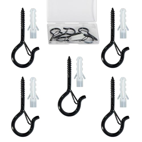 5-Pack Heavy Duty 2.08-Inch Black Screw Hooks - Rustproof Metal with Safety Lock, 30LB Capacity（Includes Storage Case & Plastic Caps） (5, Black) - color: Black
