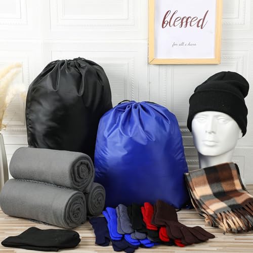 Suhine 72 Pcs Homeless Care Package Supplies Bulk Winter Warmth Kit with Blankets Beanies Hats Gloves Socks Scarves and Drawstring Bags Outreach Donation Essentials for Cold Weather Support