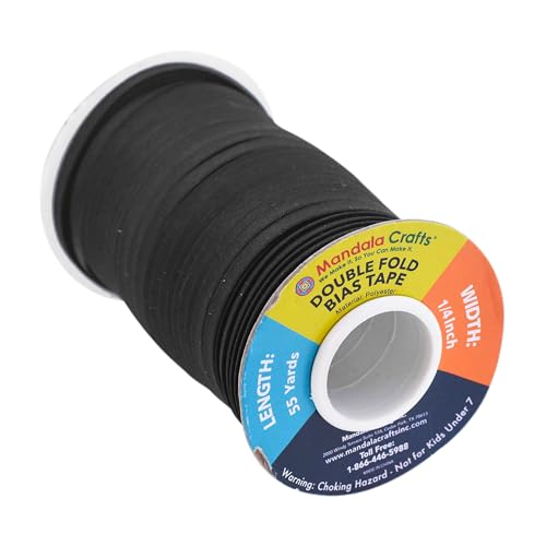 Mandala Crafts 55 Yds 1/4 Inch Black Double Fold Bias Tape for Sewing | Machine Washable Binding Tape for Quilting, Hemming, Seams, Fabric Piping, All Fabrics & Denim, Indoor & Outdoor - color: Black, size: 1/4 Inch 55 Yards