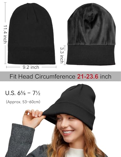 Fleece Lined Wool Beanie Hat Men Women, Warm Cuffed Winter Cap | 50% Wool Thermal Knit, Soft Velvet Fleece Liner, Long Style Full Ear Cover Warm Watch Cap, Tall Roomy Crown Skull Cap - color: Black