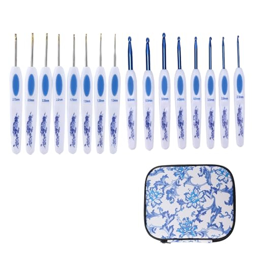 Crochet Hooks Set, 16 PCS Ergonomic Crochet Hooks Set Metal Crochet Hook Set Crochet Hooks Kit with Case Hand Knitting Yarn (Blue) - color: Blue