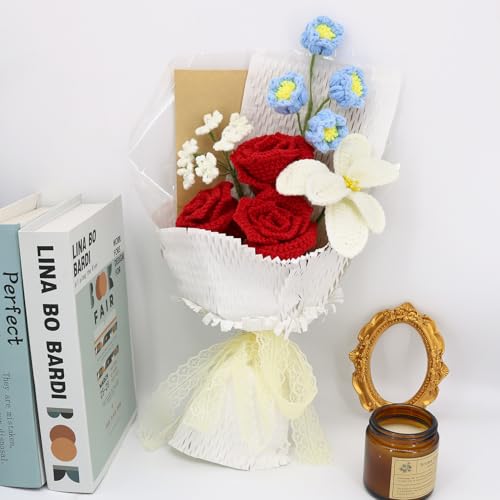 Marvogo Handmade Crochet Flower Bouquet,Crochet Flowers for Loved Ones | Crochet Flower,Crochet Rose, Bell Orchid, Tulip, Finished Artificial Flower Ideal for Lovers, Family and Friends red - color: Red