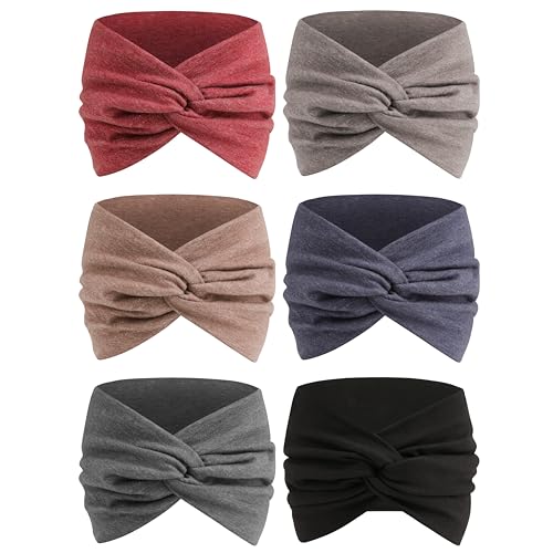 Extra Wide Headbands for Women, 7'' Large Cotton Like Turban Knotted Bandana Head Bands for Women Non Slip, Boho Headbands for Women's hair bands for women's hair 6 Pack - color: 6Pcs Dark Colors