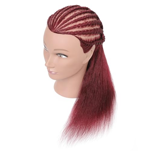 100% Real Human Hair Mannequin Head with Stand Manikin Cosmetology Doll Training Head for Hairdresser Practice Braiding Styling Curling Cutting Display - color: Winered
