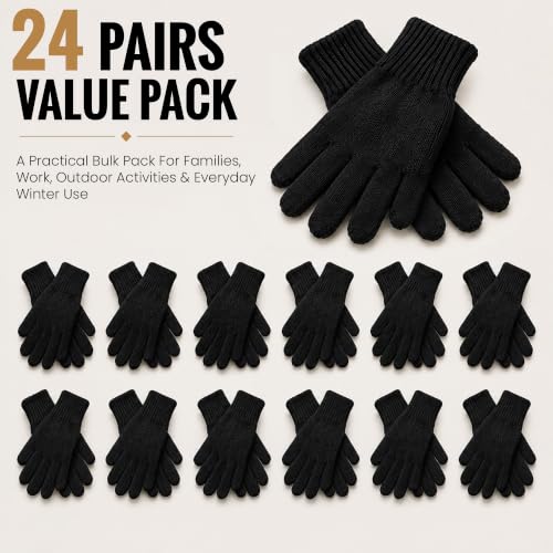Yacht & Smith Wholesale Beanie and Glove Winter Bulk Kit, Kids Adults Bulk Sets, Homeless Donation Shelters - color: 24 Pairs Adult Black Gloves