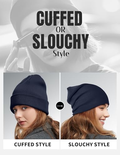 Fleece Lined Wool Beanie Hat Men Women, Warm Cuffed Winter Cap | 50% Wool Thermal Knit, Soft Velvet Fleece Liner, Long Style Full Ear Cover Warm Watch Cap, Tall Roomy Crown Skull Cap - color: Navy Blue