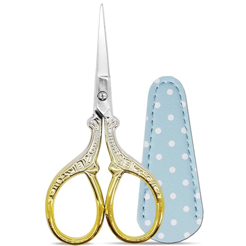 3.6 inch Embroidery Scissors with Leather Sheath for Sewing Art Needlework | Crochet Scissors Stainless Steel Classic Scissor with Leather Cover Crafting Scissor Shears Craft - color: Silver Gold