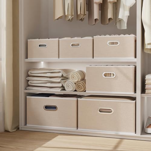 Yawinhe Fabric Storage Baskets, Foldable Closet Organizer for Shelves, Large Boxes with 3 Handles, Canvas Bins for Clothes, Beige 12.99''Lx9.05''Wx7.87''H, 4-Pack,SNK030BEXS-4 - color: Beige, size: 12.99x9.05x7.87in/4-Pack