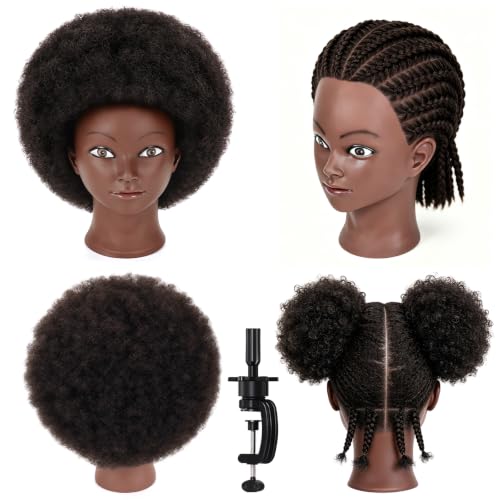 Afro 100% Human hair Mannequin Head,10''Curly Full Real Hair Mannequin Head,Cosmetology Mannequin Doll Head Styling,Manikin Head Hairs Braiding DIY Styling with Clamp Holder Set（10 Inch Dark Brown） - color: 10 Inch Dark Brown