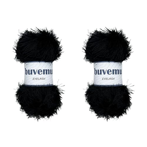 Eyelash Fun Fur Yarn for Crochet, Knitting & Crafts, Black, 2-Pack | 100% Polyester, 100 g (3.53 oz), 175 yd (160 m), Ideal for Amigurumi, Graduation Leis, Bags, Rugs, Scarves & Plush Toys - color: Black, size: 2 Pack